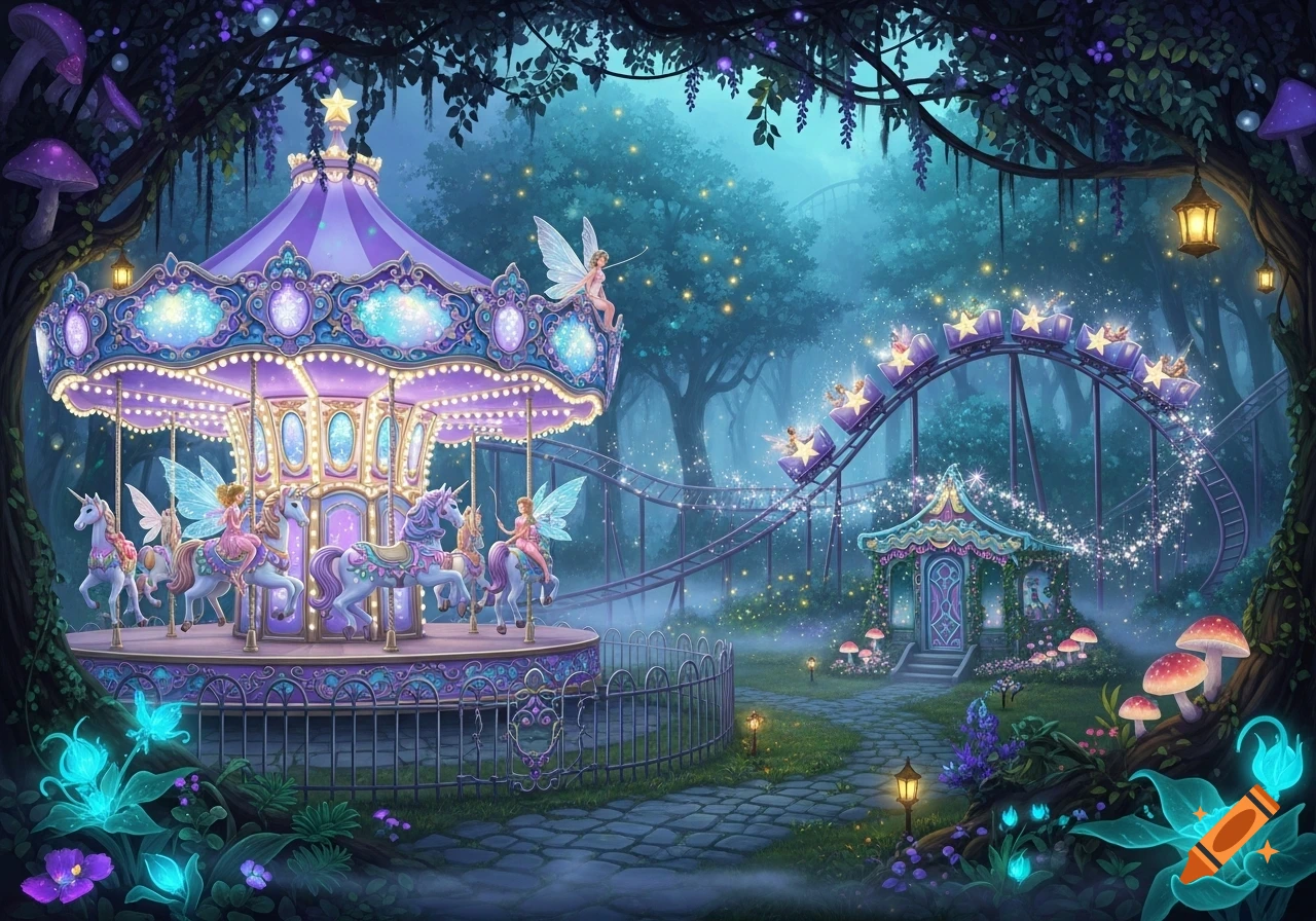A vibrant, magical amusement park at night, featuring a purple carousel with fairies riding unicorns and a roller coaster through a mystical forest.