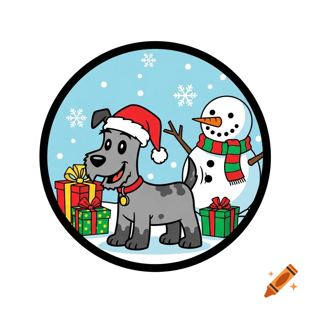 A cartoon gray dog in a Santa hat stands next to a snowman and gifts, inside a blue circle with snowflakes.