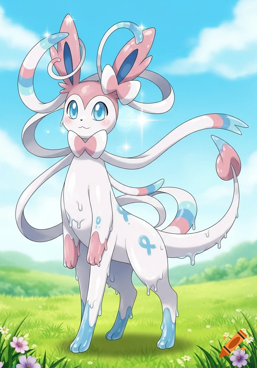 A cute Sylveon and Goodra hybrid Pokemon, with a gooey, pastel pink and blue body, stands in a grassy field under a blue sky.