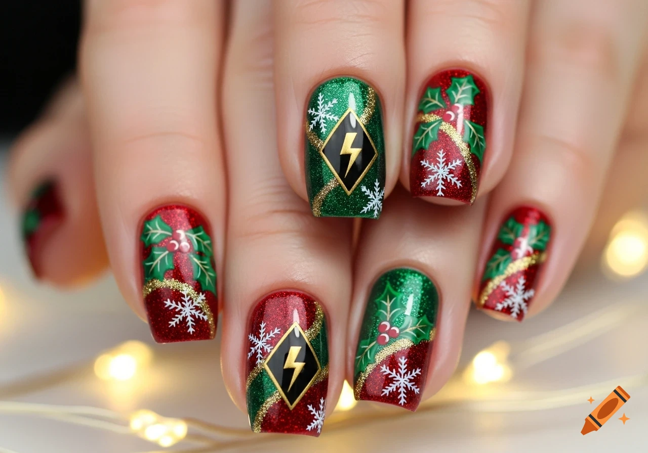 Close-up of fingers with Christmas-themed nail art, featuring red and green glitter polish, holly, snowflakes, and a lightning bolt symbol.