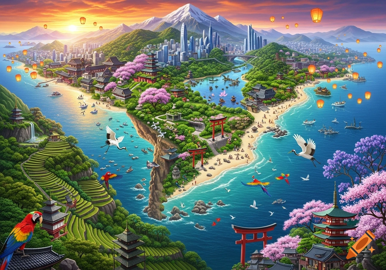 A vibrant fantasy landscape blending Japanese architecture, cherry blossoms, and tropical coasts with a modern city and mountain under a fiery sunset.