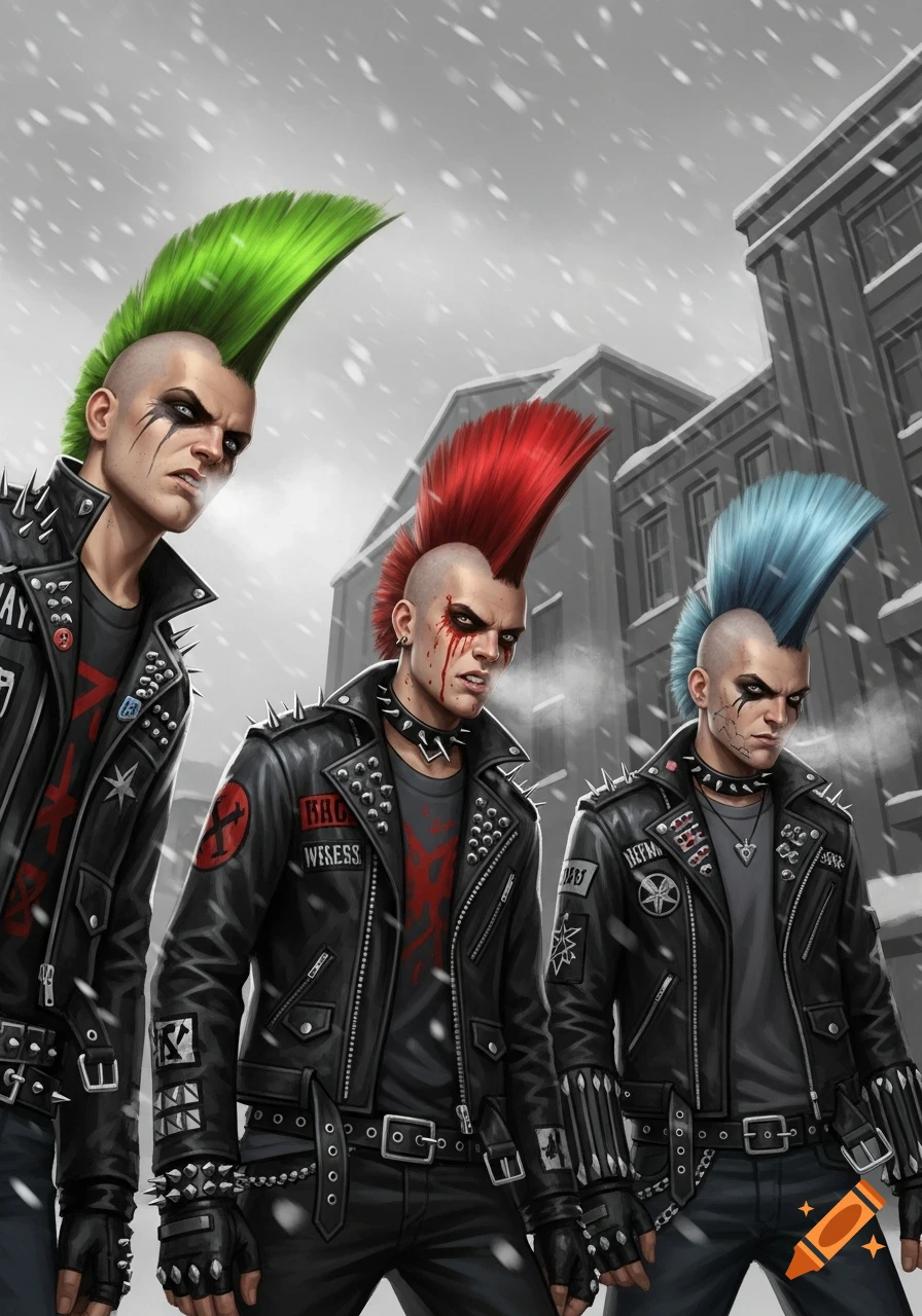 Three punks with green, red, and blue mohawks, wearing spiked leather jackets, stand in a snowy urban setting.