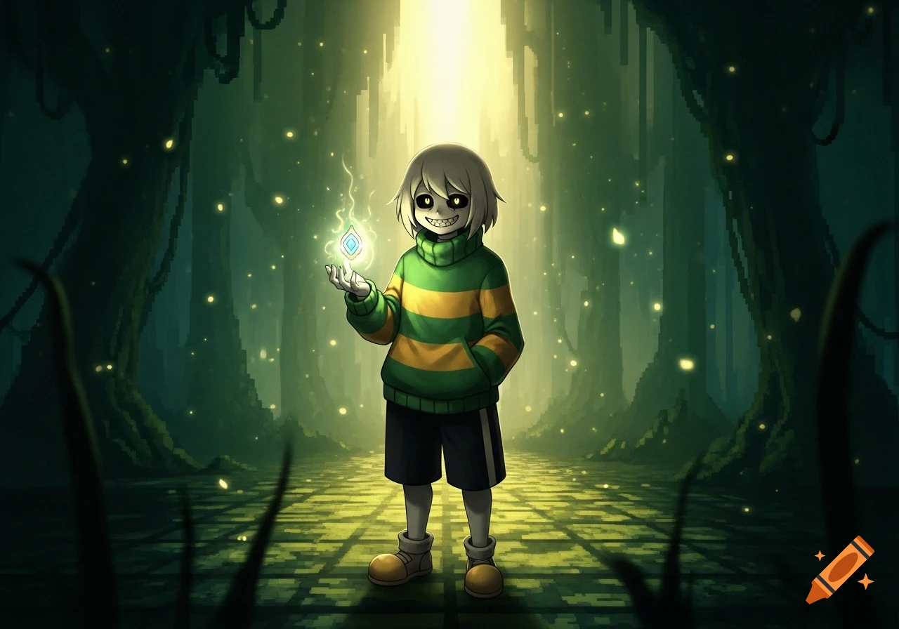 A stylized character, Chara from Undertale, with glowing eyes and a sharp-toothed smile, holds a magical orb in a dark, pixelated forest.