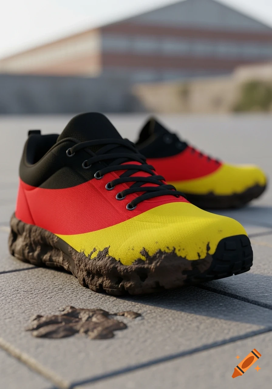 Photorealistic athletic shoes with German flag colors and muddy soles on a paved surface.