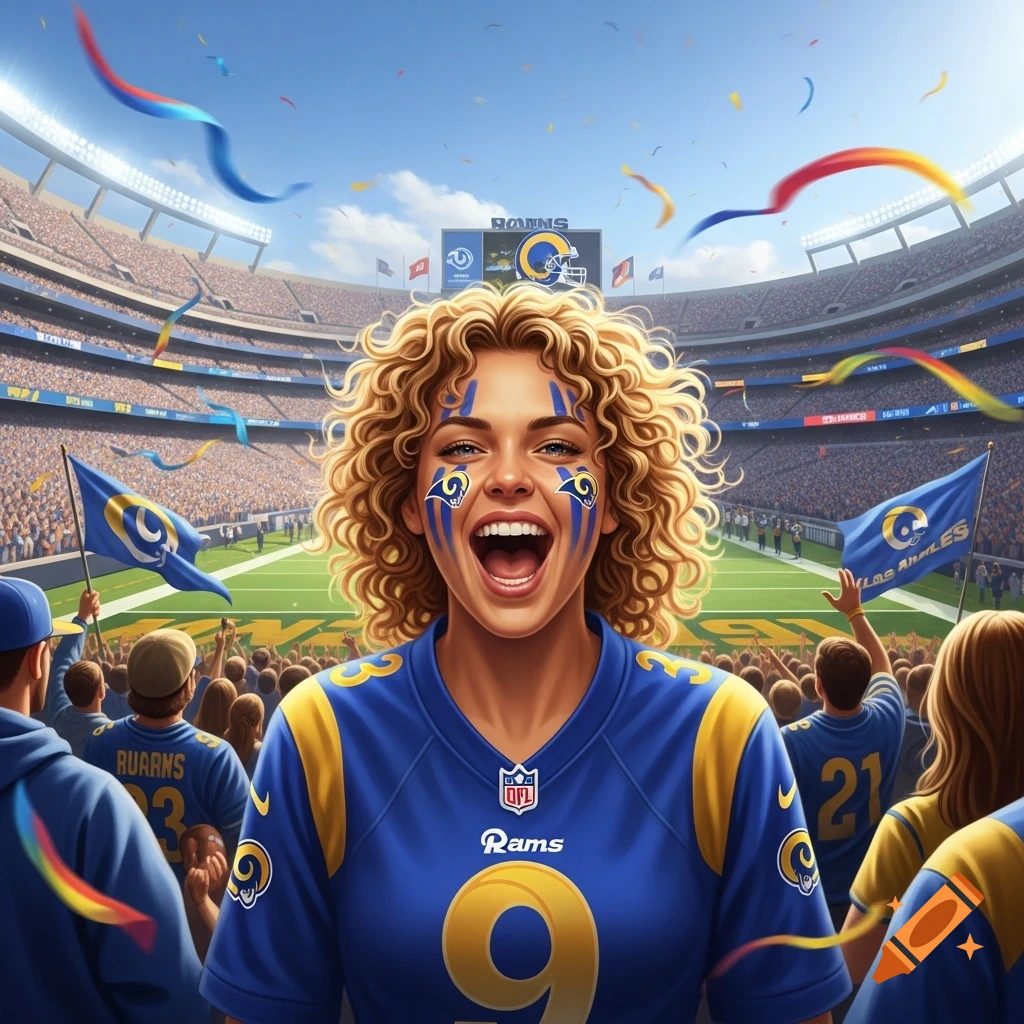 A cheering woman with curly blonde hair and face paint, wearing an LA Rams jersey with number 9, in a vibrant football stadium with confetti and other fans.