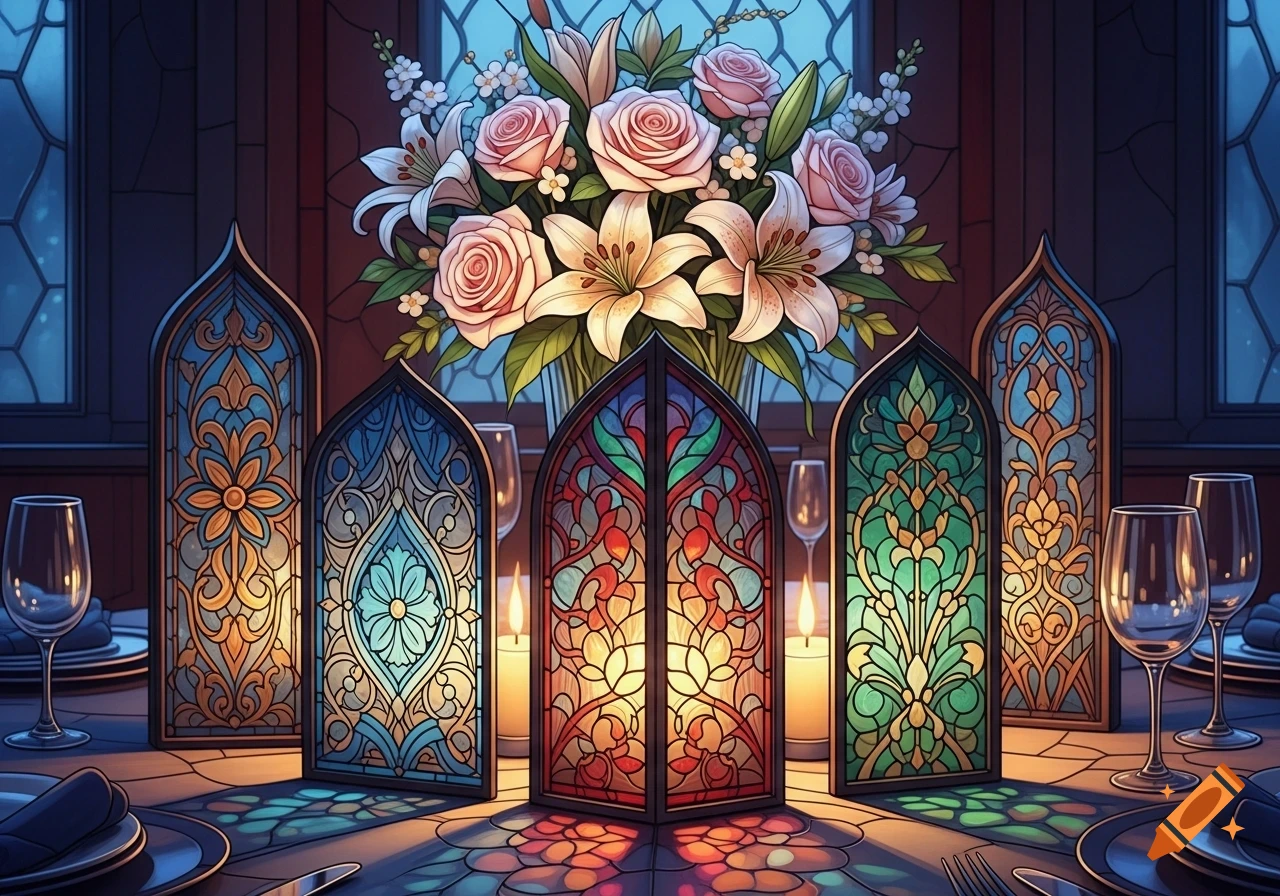 Elegant table setting with glowing stained glass panels, candles, wine glasses, and a bouquet of pink roses and white lilies.