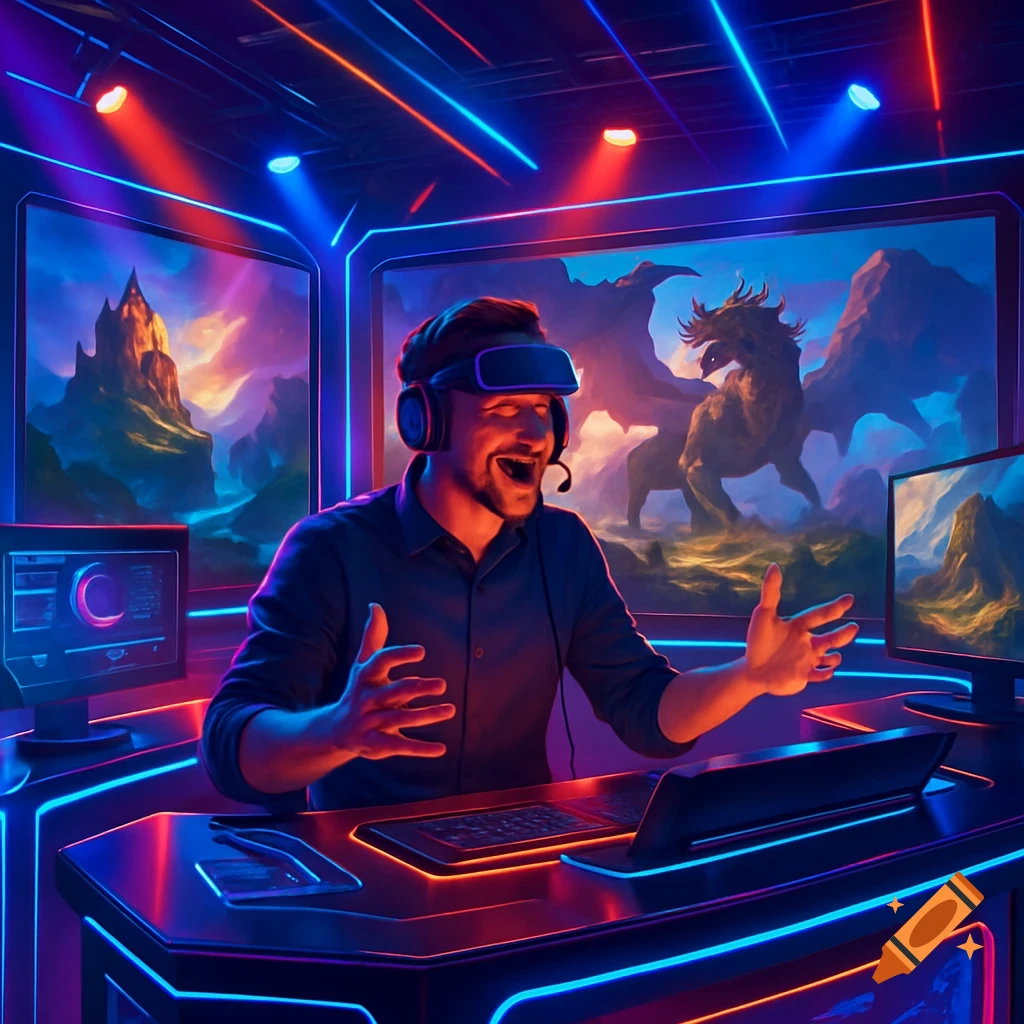 A man with a VR headset and headphones excitedly plays a video game in a neon-lit setup with fantasy landscapes on screens.