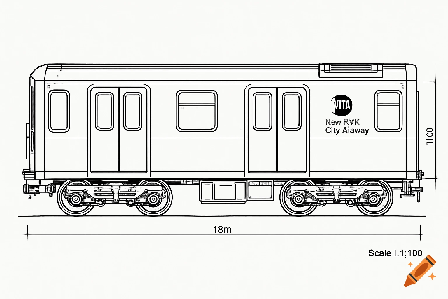 A black and white technical line art drawing of a subway train from a side elevation view, with measurements and a scale noted.