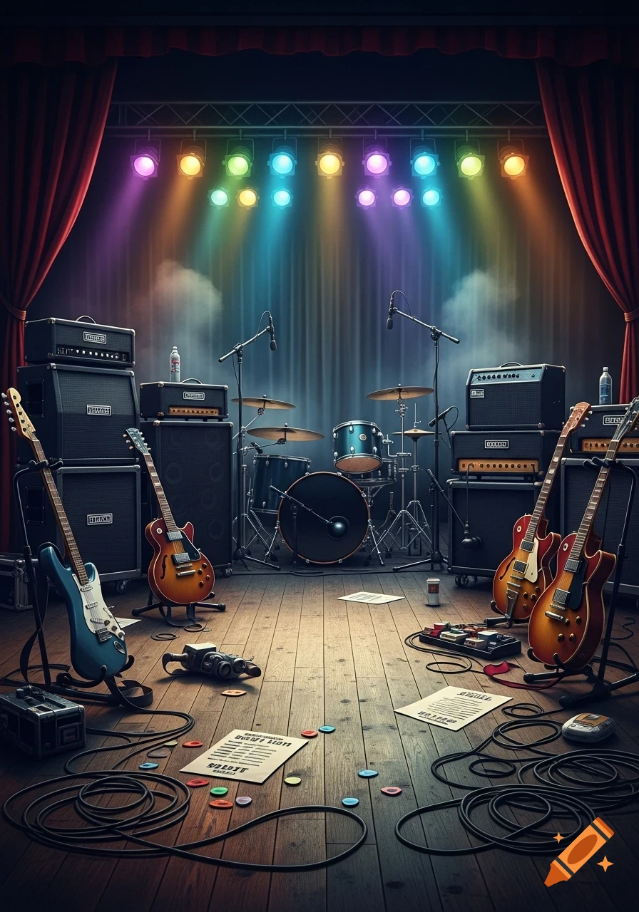 Photorealistic rock concert stage with drums, guitars, and amplifiers under colorful spotlights, cables on the wooden floor.