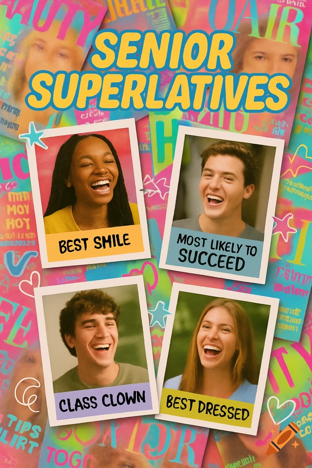 A vibrant 2000s magazine-themed senior superlatives layout featuring four smiling young adults with labels like 'Best Smile' and 'Class Clown'.