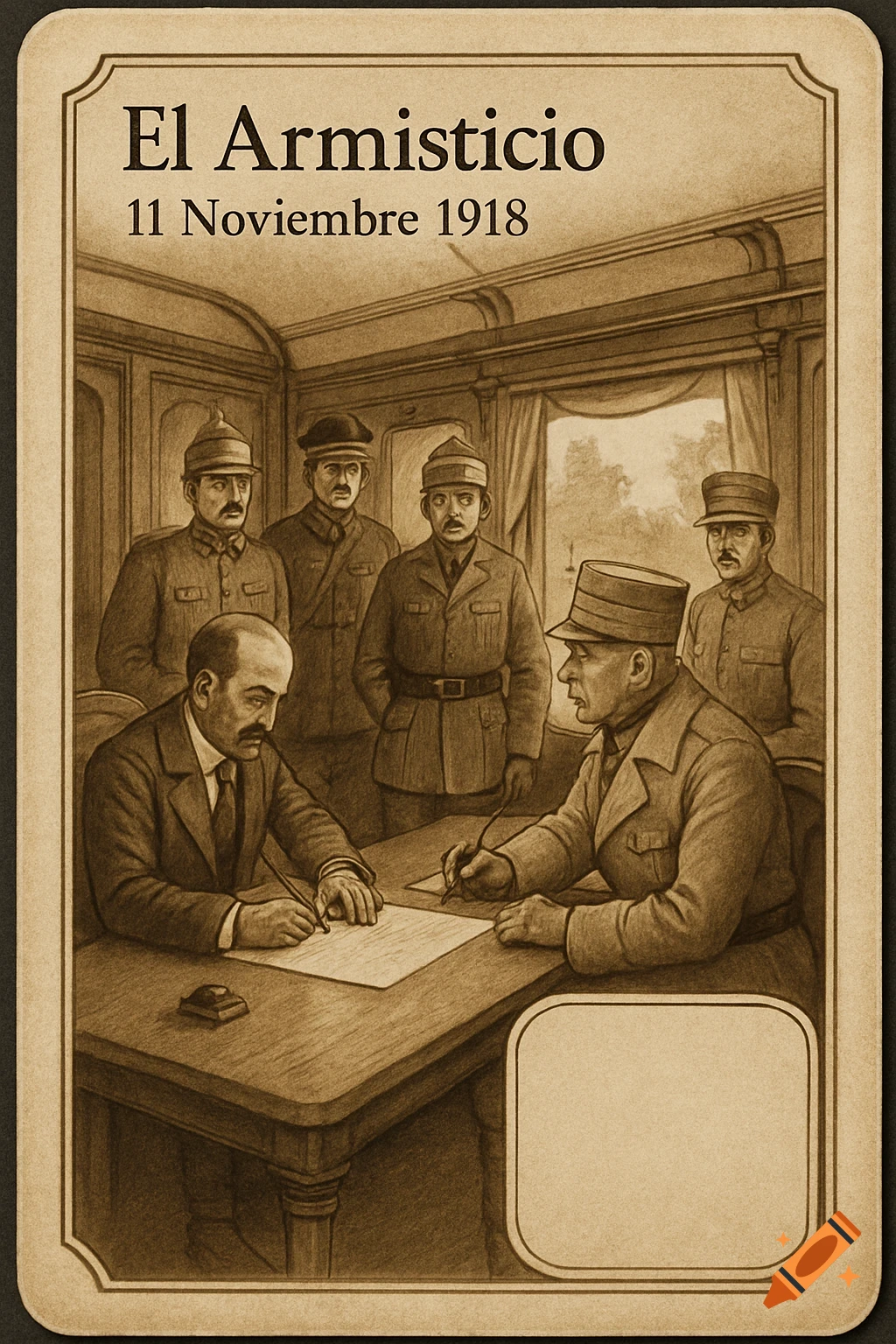 Sepia-toned illustration on a game card depicting men in military and civilian attire signing a document inside a train car. Text reads "El Armisticio 11 Noviembre 1918".