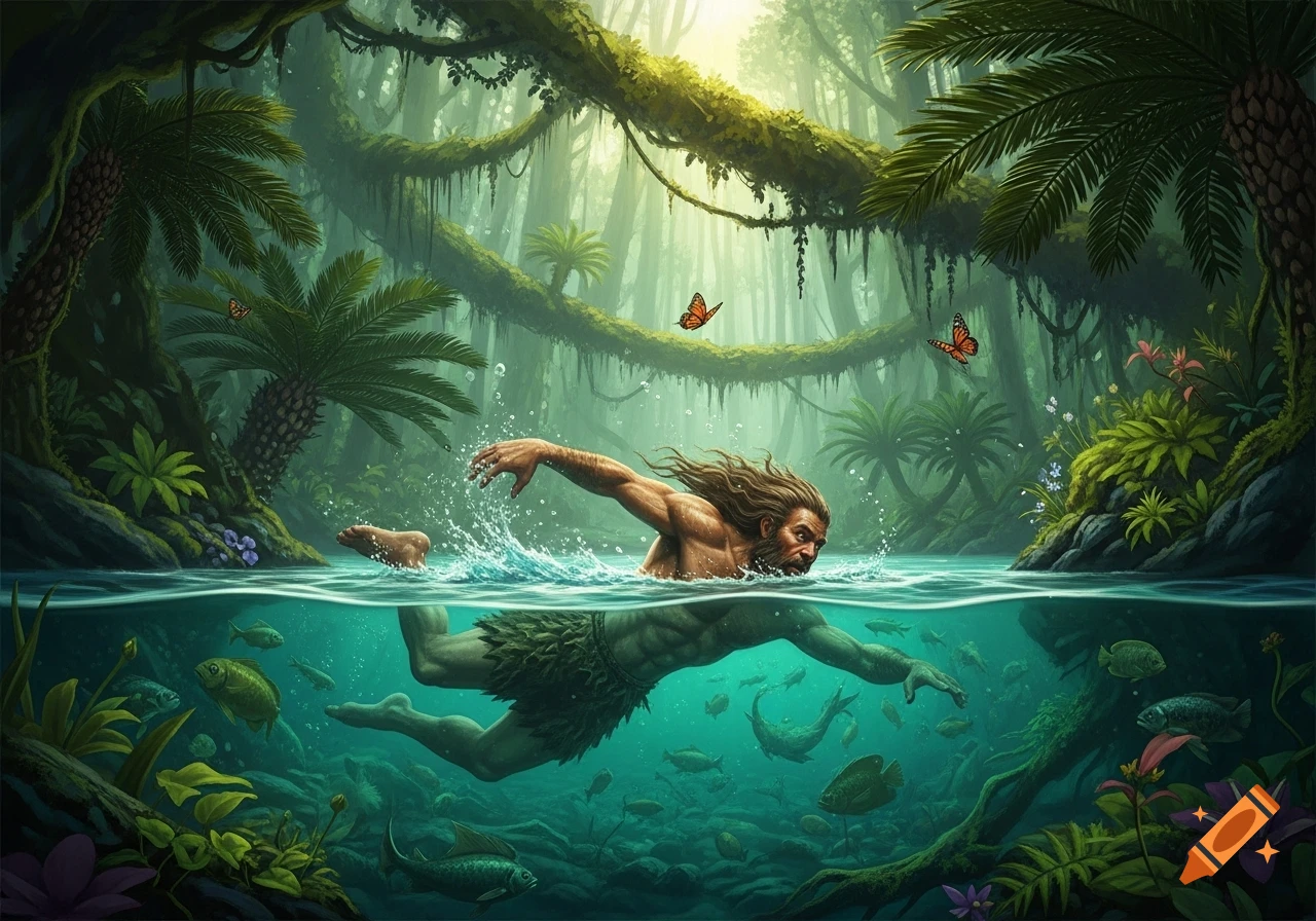 A muscular caveman with long hair swims through a lush jungle river, with fish visible underwater and butterflies above.