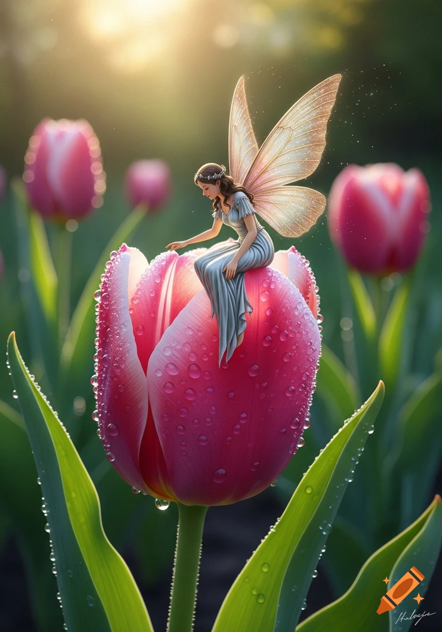 A fantasy image of a small fairy with sparkling wings sitting on a dewdrop-covered pink tulip in a sunlit garden.