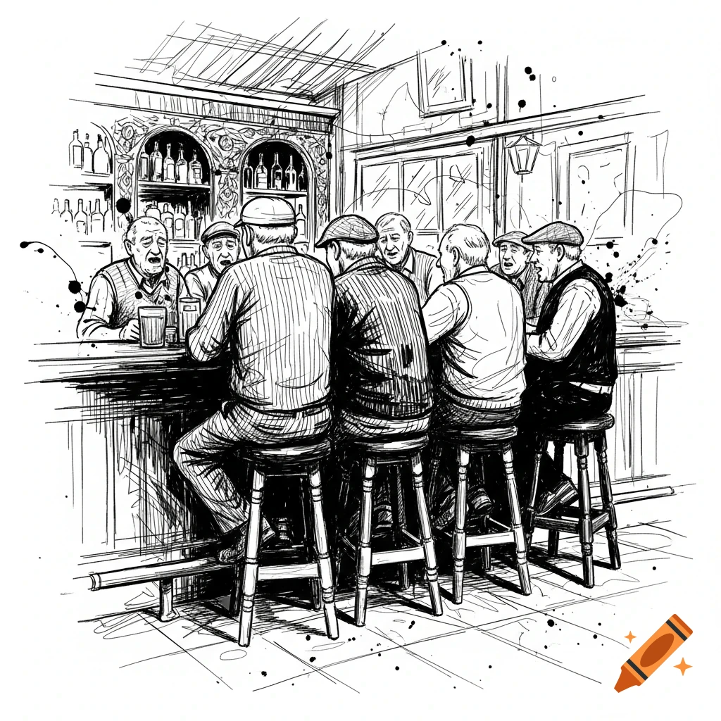 Scratchy black and white sketch of old men sitting and talking at a bar.