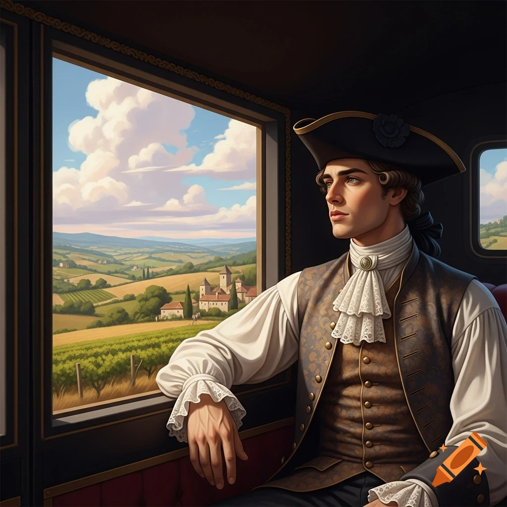 A young man in 18th-century historical attire looks out of a carriage window at a picturesque European landscape.