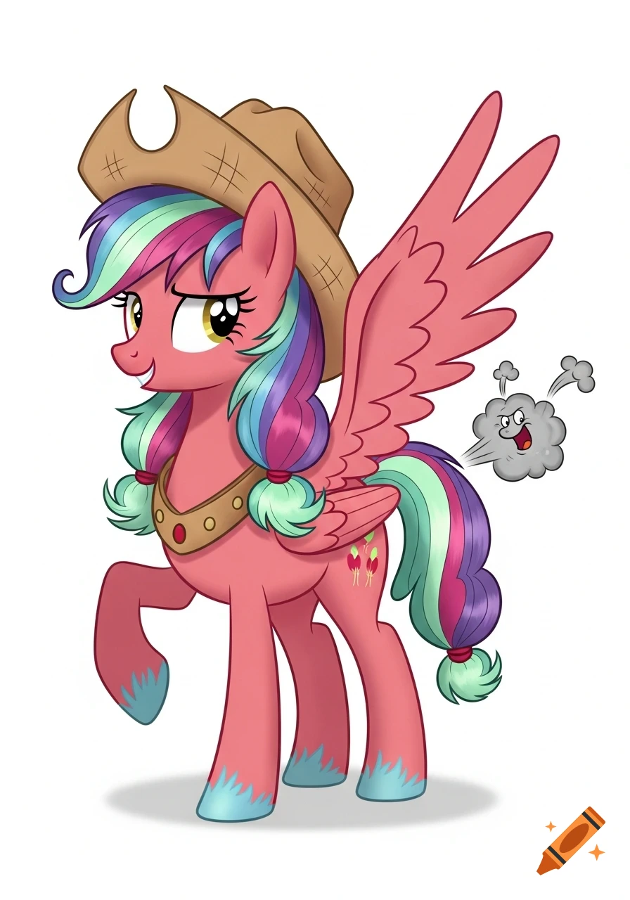 A cartoon pink pony named Apple Bud, with colorful mane and wings, wearing a cowboy hat, smiling playfully with a humorous stink cloud behind her, in My Little Pony style.
