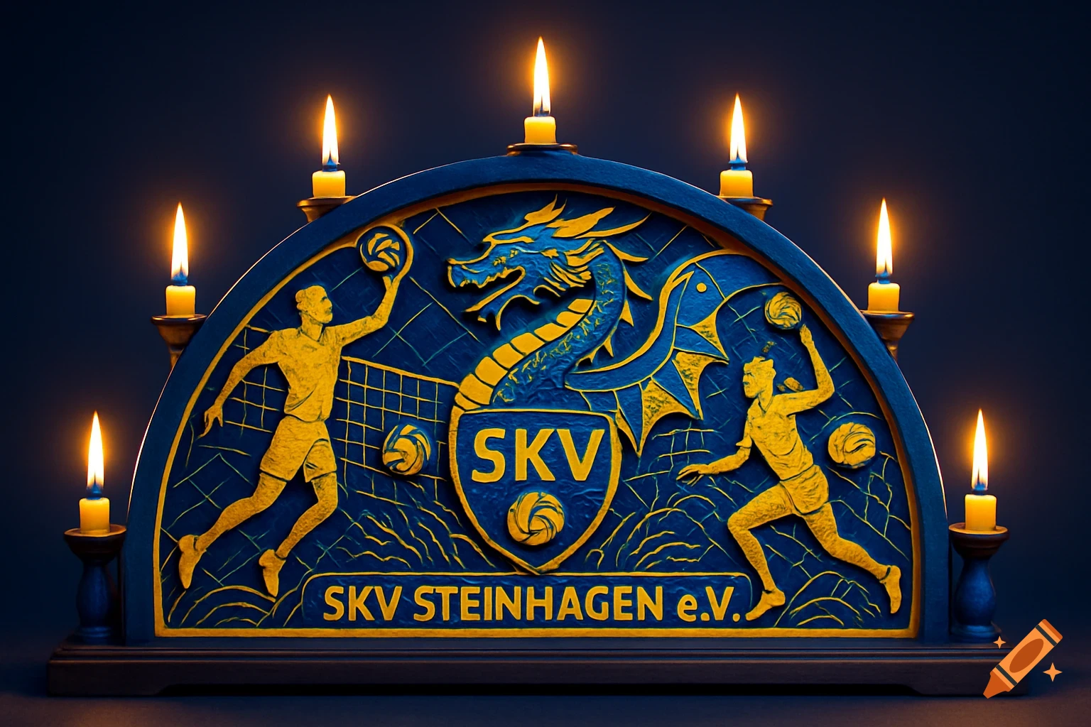 A blue and yellow carved wooden Schwibbogen featuring volleyball players, a dragon, and the text 'SKV STEINHAGEN e.V.', lit by candles.