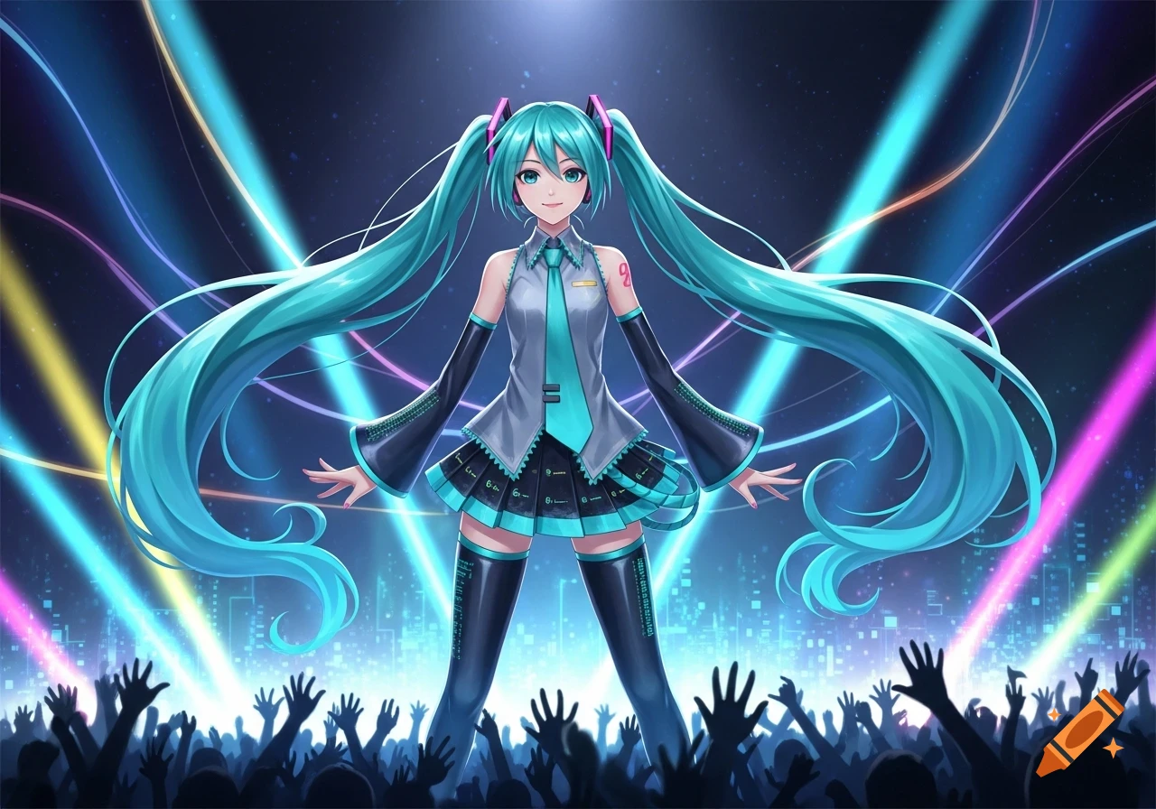 Hatsune Miku performs on stage, surrounded by colorful light streaks, in front of a silhouetted crowd.