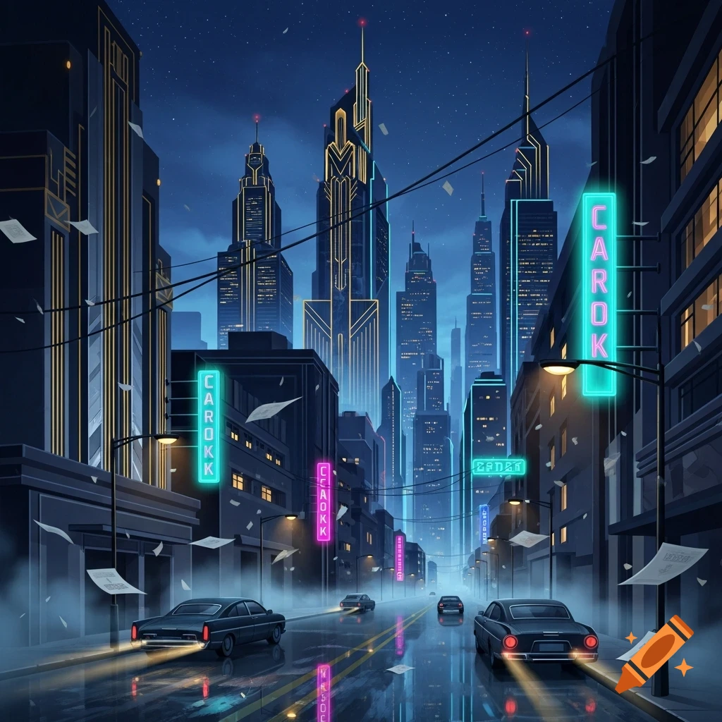 A dark, futuristic Art Deco cityscape at night, with tall buildings glowing with neon lines, wet streets reflecting vibrant lights, and classic cars driving through fog.