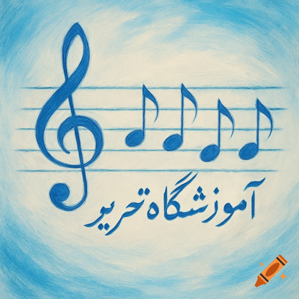 Blue crayon drawing of a treble clef and musical notes on staff lines, with Persian text 'آموزشگاه تحریر' below.