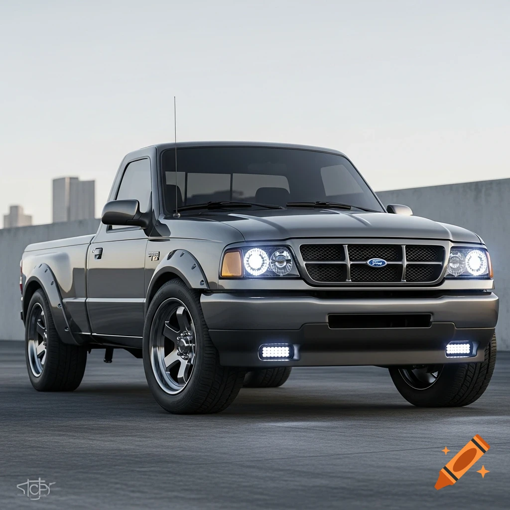 A dark gray Ford Ranger pickup truck with wide fenders, modern headlights, and LED fog lights, parked on asphalt.