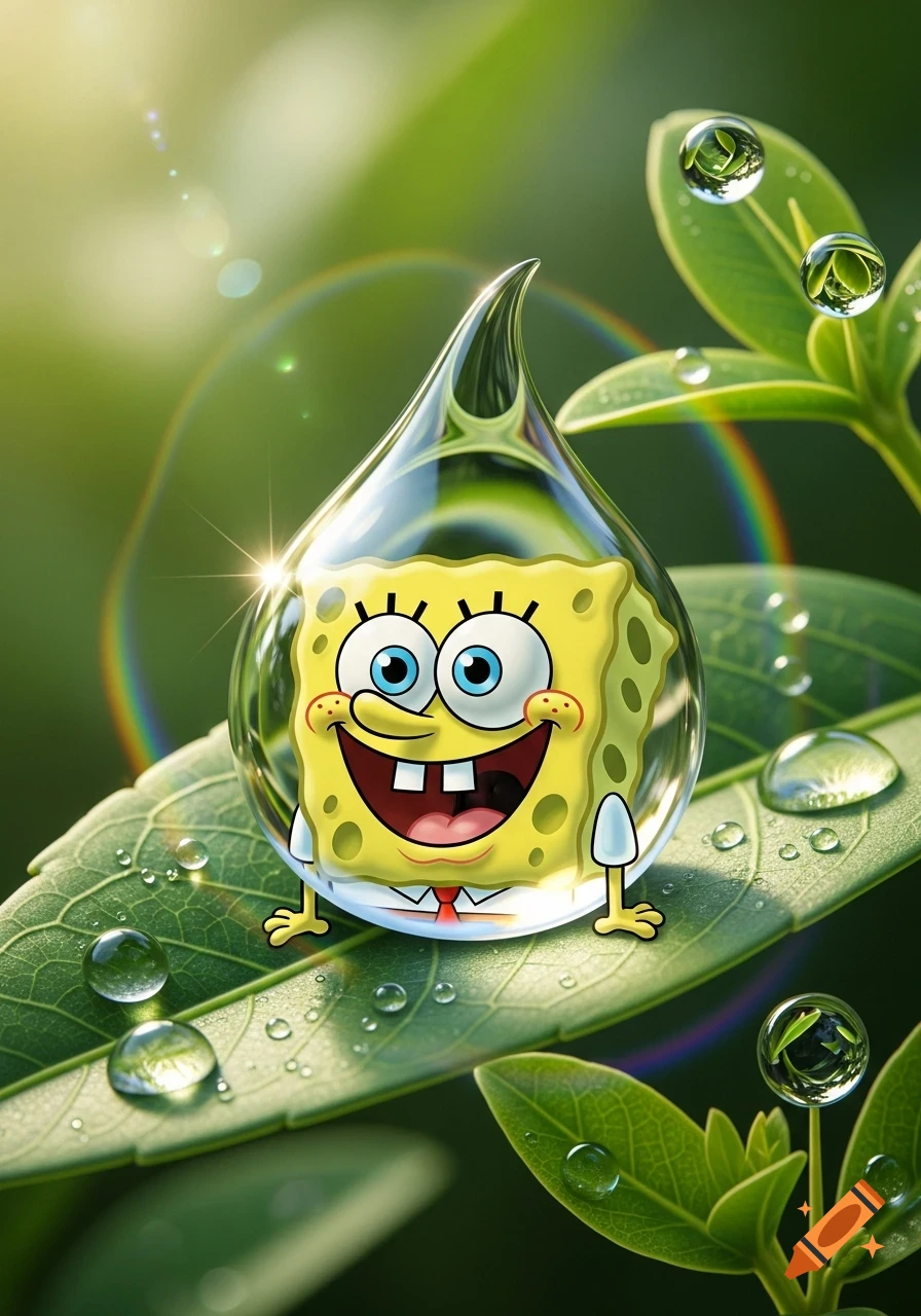 Spongebob Squarepants smiles happily inside a clear water droplet resting on a dew-covered green leaf, bathed in sunlight.