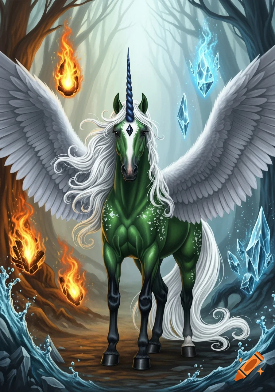 A majestic green winged unicorn with a dark blue horn and white mane stands in an elemental forest with fire and ice.