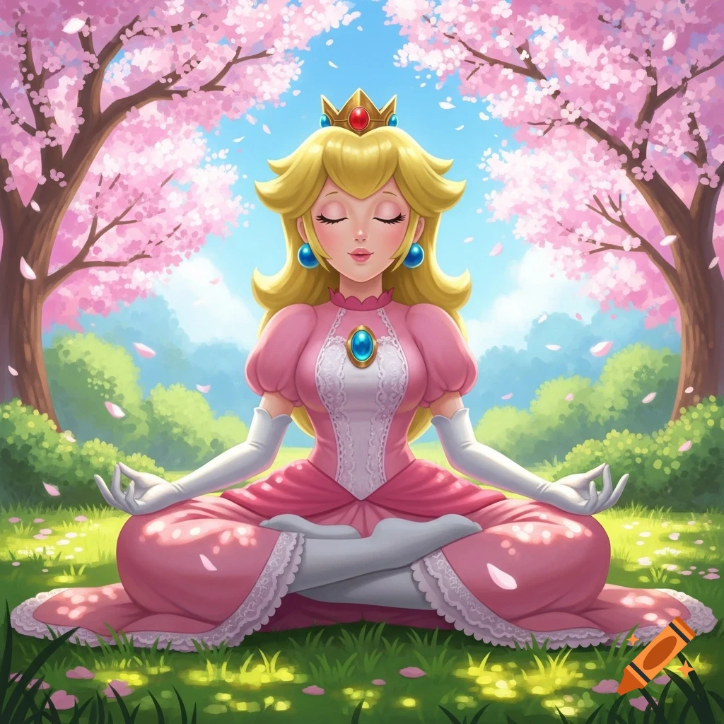 Princess Peach meditates with closed eyes under cherry blossom trees in a vibrant green field, in an animated style.