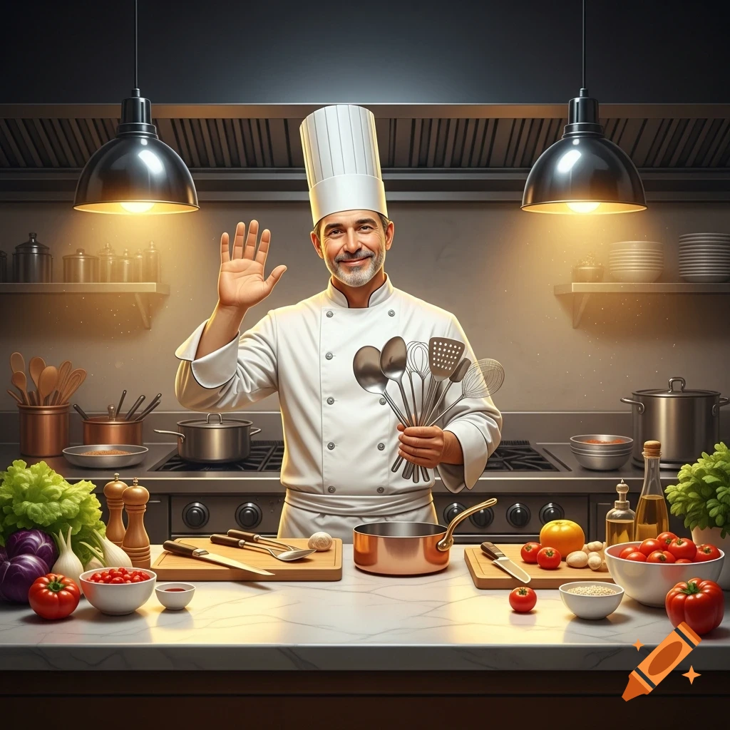 A smiling chef in a white uniform waves while holding kitchen utensils in a modern kitchen with fresh ingredients.