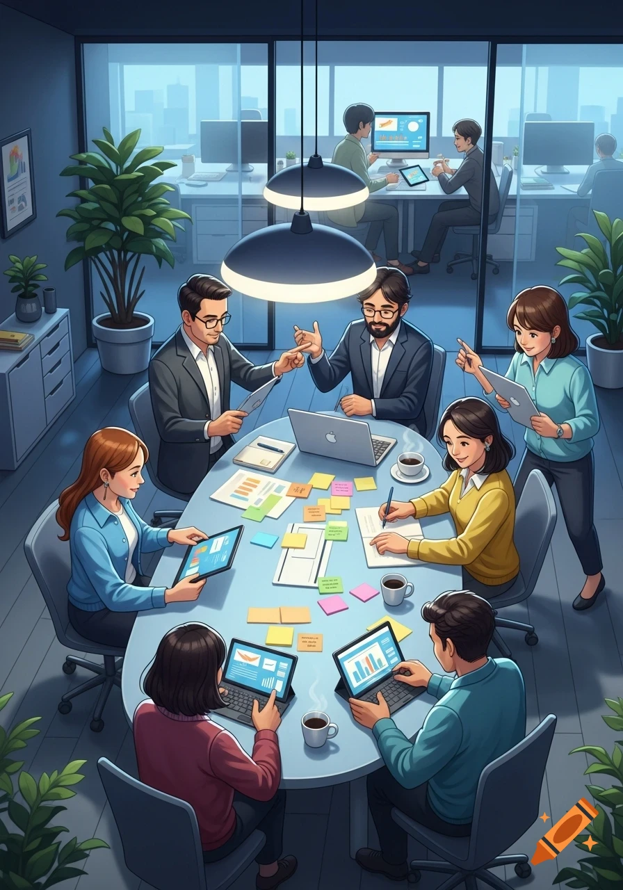 A stylized illustration of a diverse team collaborating around a large table in an office, using laptops and tablets with charts.