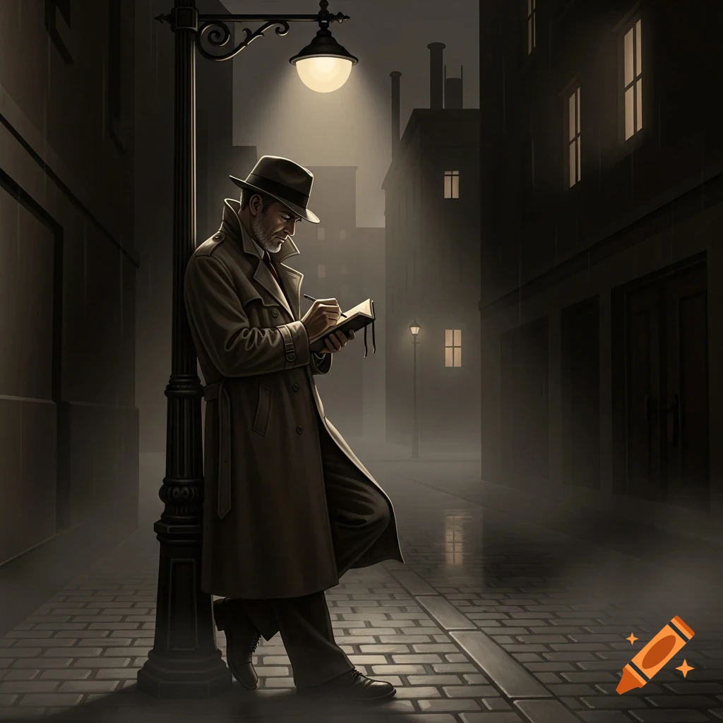 A trench coat-clad detective leans on a lamppost, writing in a notebook on a dark, foggy city street at night, in a noir style.