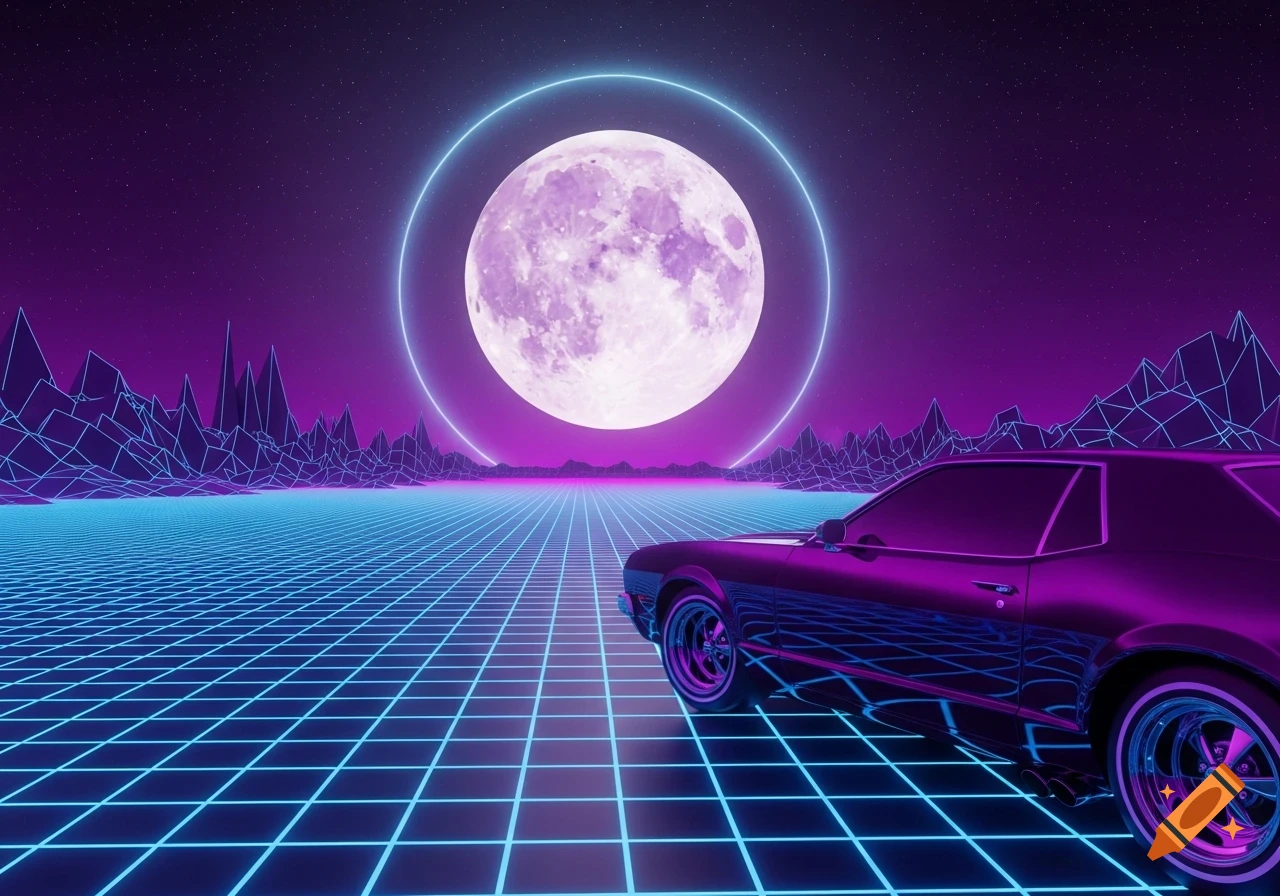 A retro-wave landscape with a purple hot rod on a blue grid, facing a large moon encircled by a neon ring in a starry, purple sky.
