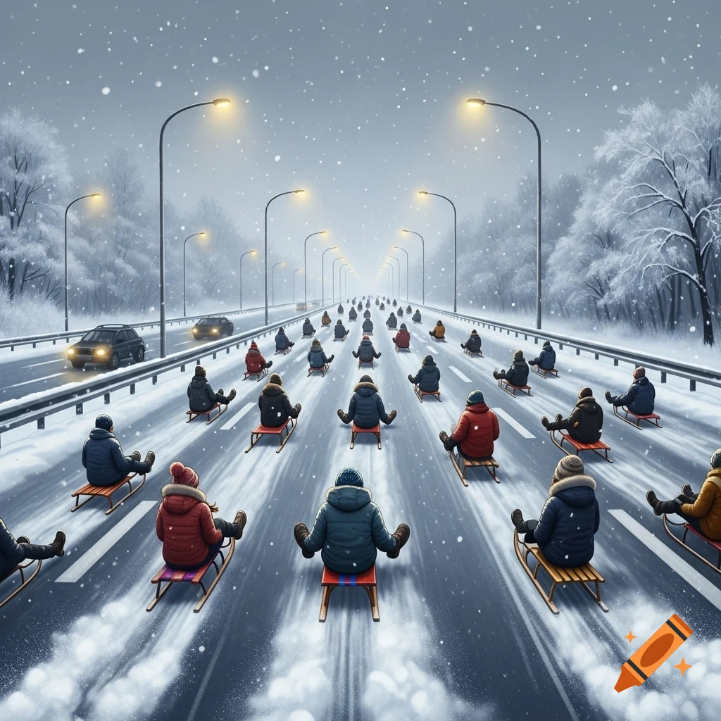Numerous people on sleds humorously create a snowy traffic jam on a multi-lane highway lined with streetlights and cars.