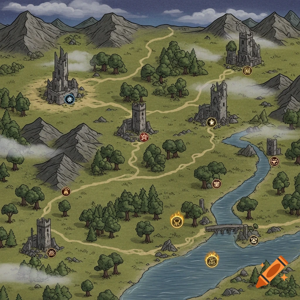 A hand-drawn fantasy battlemap featuring castles, mountains, forests, a river with a bridge, and symbolic markers along dirt paths.