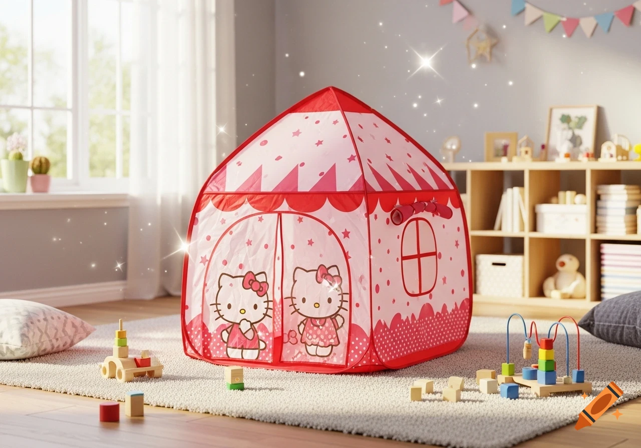 A pink and red Hello Kitty play tent sits on a plush rug in a bright, cozy children's room filled with wooden toys.