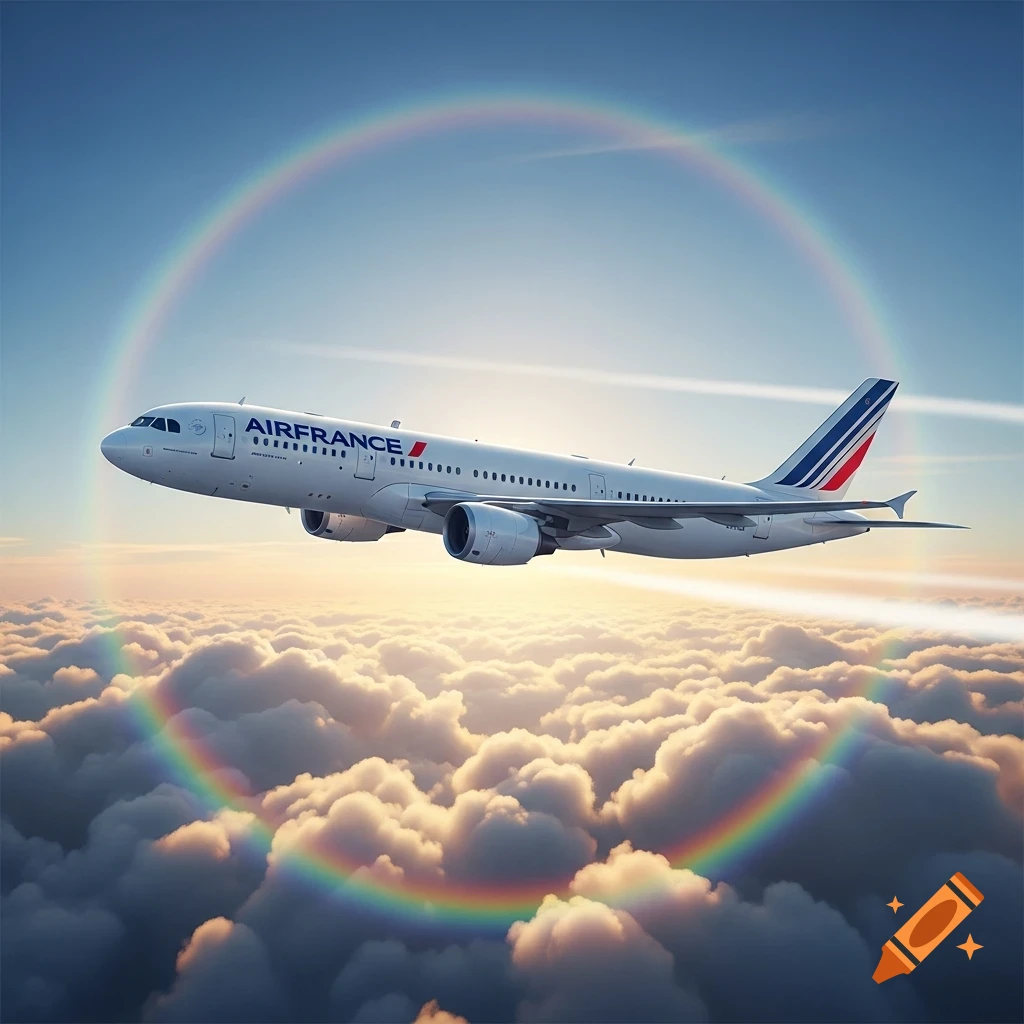 Photorealistic Air France airplane flying above clouds with a rainbow in the clear sky.