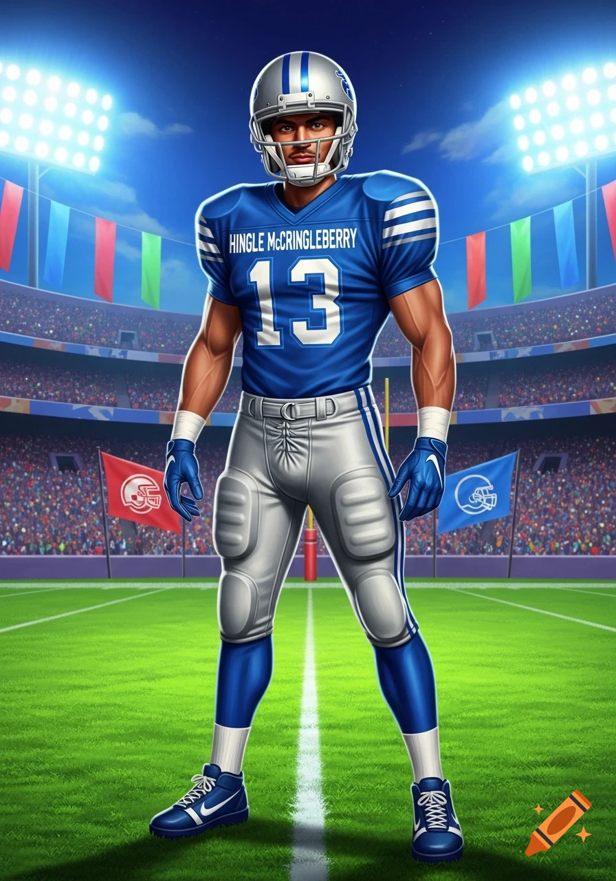 Illustrated football player in a blue jersey with 'HINGLE MCCRINGLEBERRY 13' and a silver helmet, standing on a stadium field.