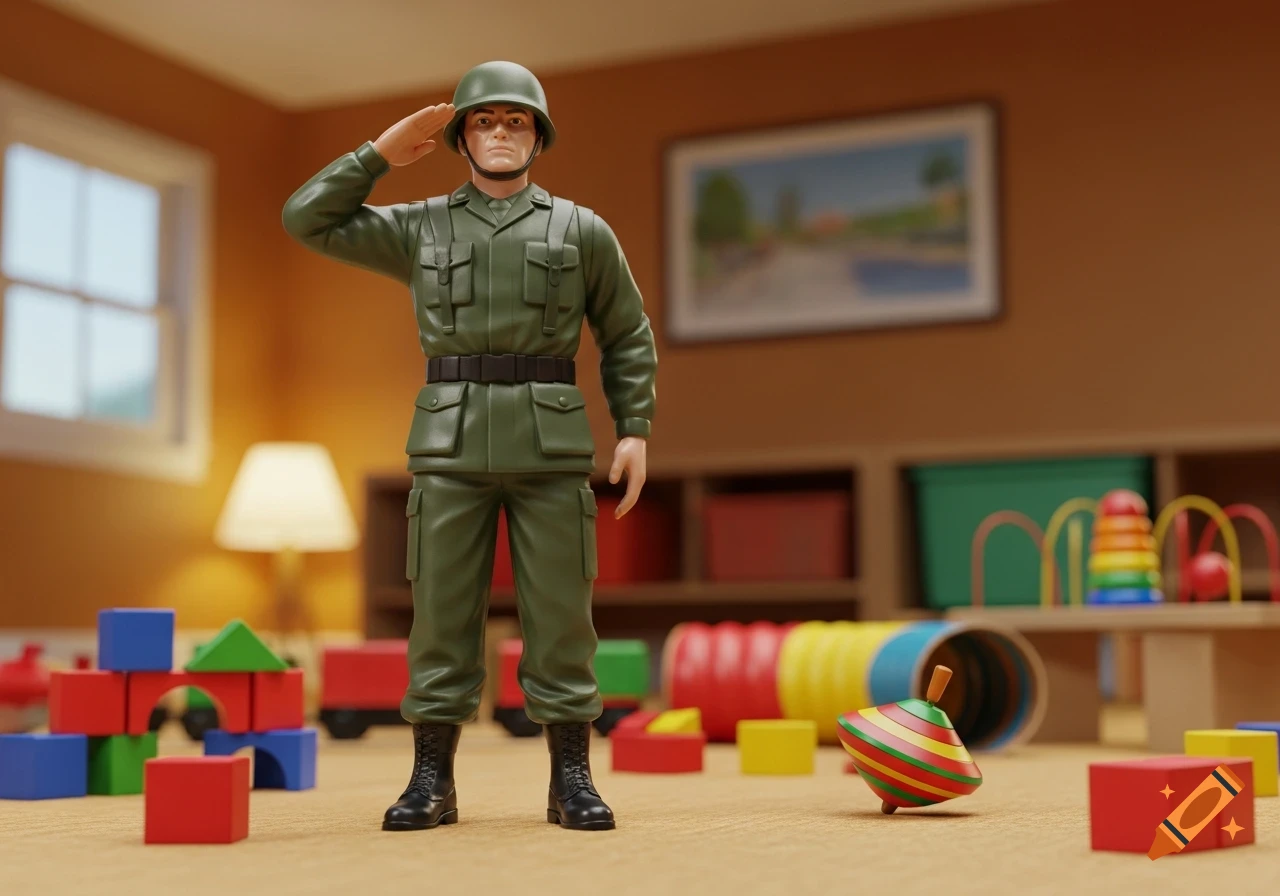 A photorealistic image of a plastic toy soldier saluting in a child's playroom, surrounded by colorful blocks and toys.