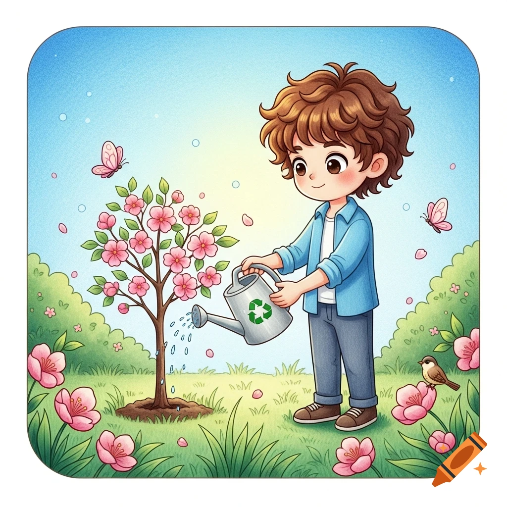Cute animated boy with curly brown hair watering a pink blooming tree in a bright garden, with butterflies and a bird, in a colored-pencil style.