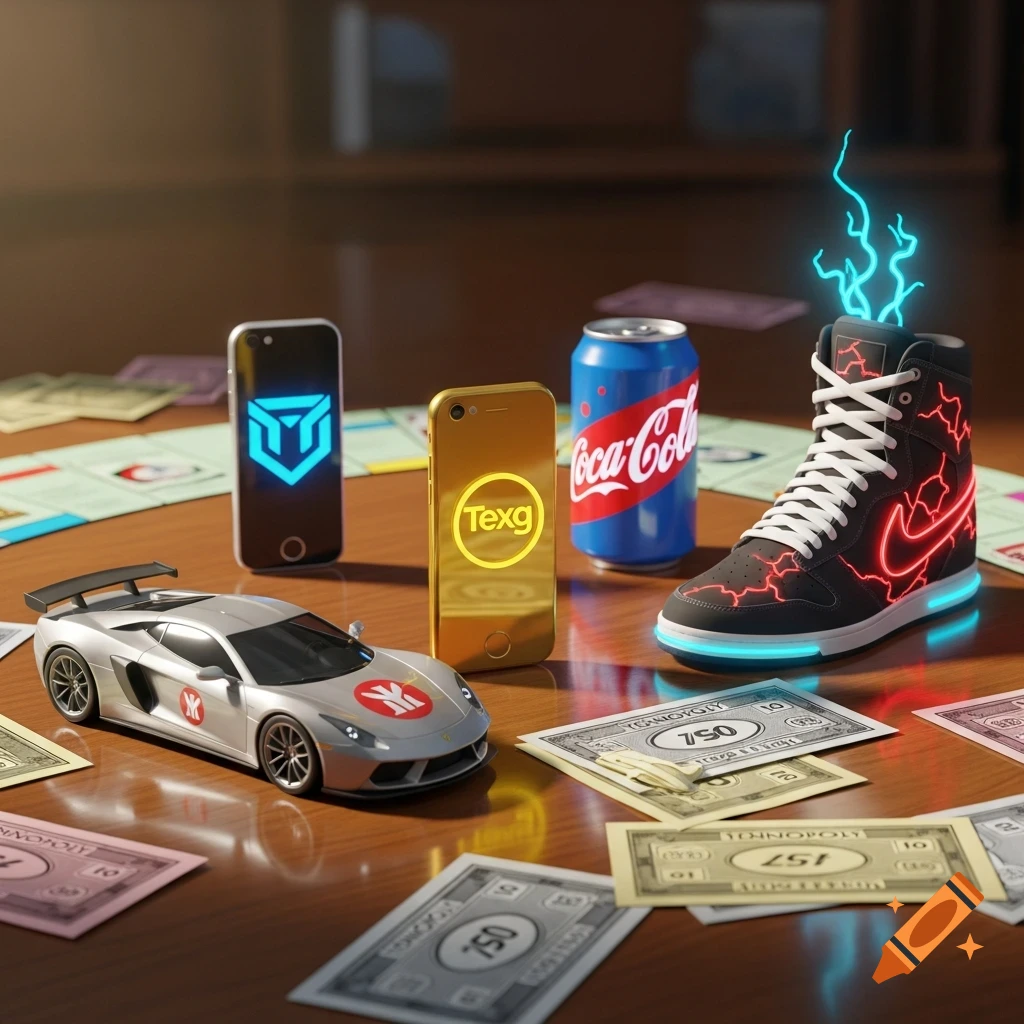 A stylized tabletop scene featuring a silver sports car, two glowing smartphones, a Coca-Cola can, and a glowing Nike shoe, all surrounded by Monopoly money on a wooden surface.