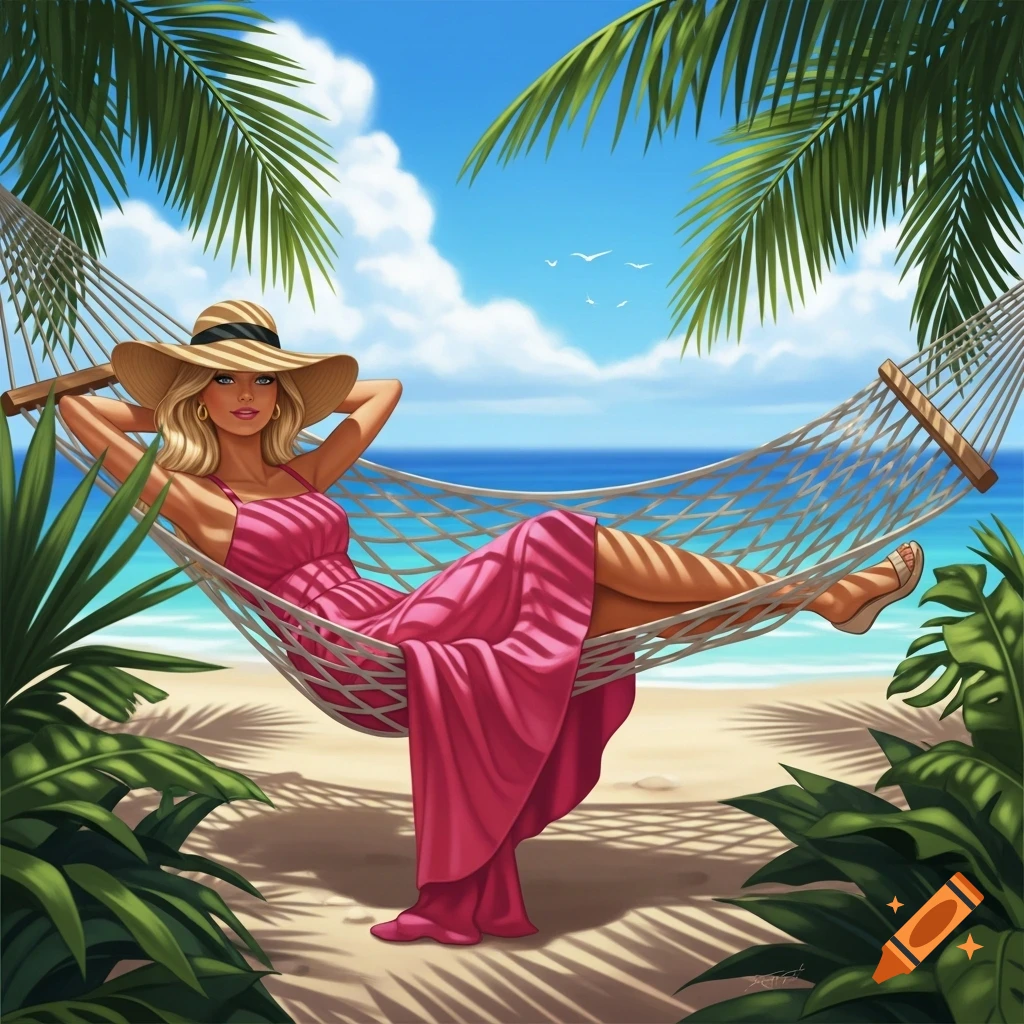 A blonde woman in a pink dress and sun hat relaxes in a hammock under palm trees on a sunny beach, with the ocean in the background, in an illustrative style.