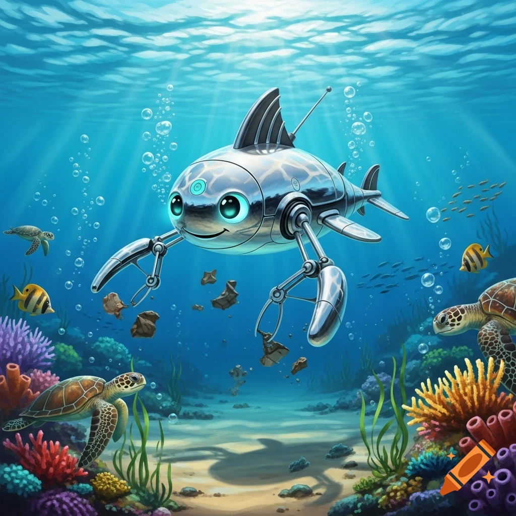 A friendly, metallic robot fish with crab claws cleans trash in a vibrant cartoon underwater scene with sea turtles and coral.