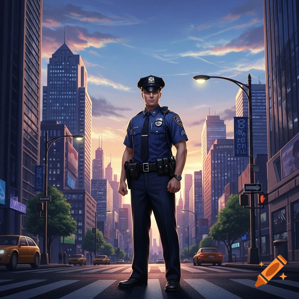 A stylized digital art image of a male police officer standing on a crosswalk in a bustling city at sunset.