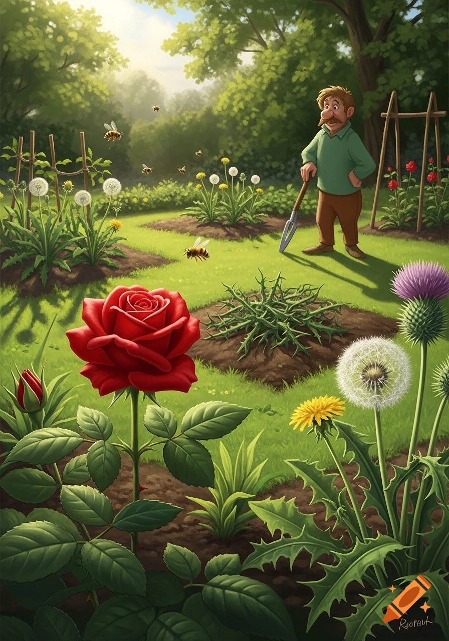 A cartoon gardener stands in a sunny garden patch with a shovel, surrounded by red roses, dandelions, thistles, and flying bees.