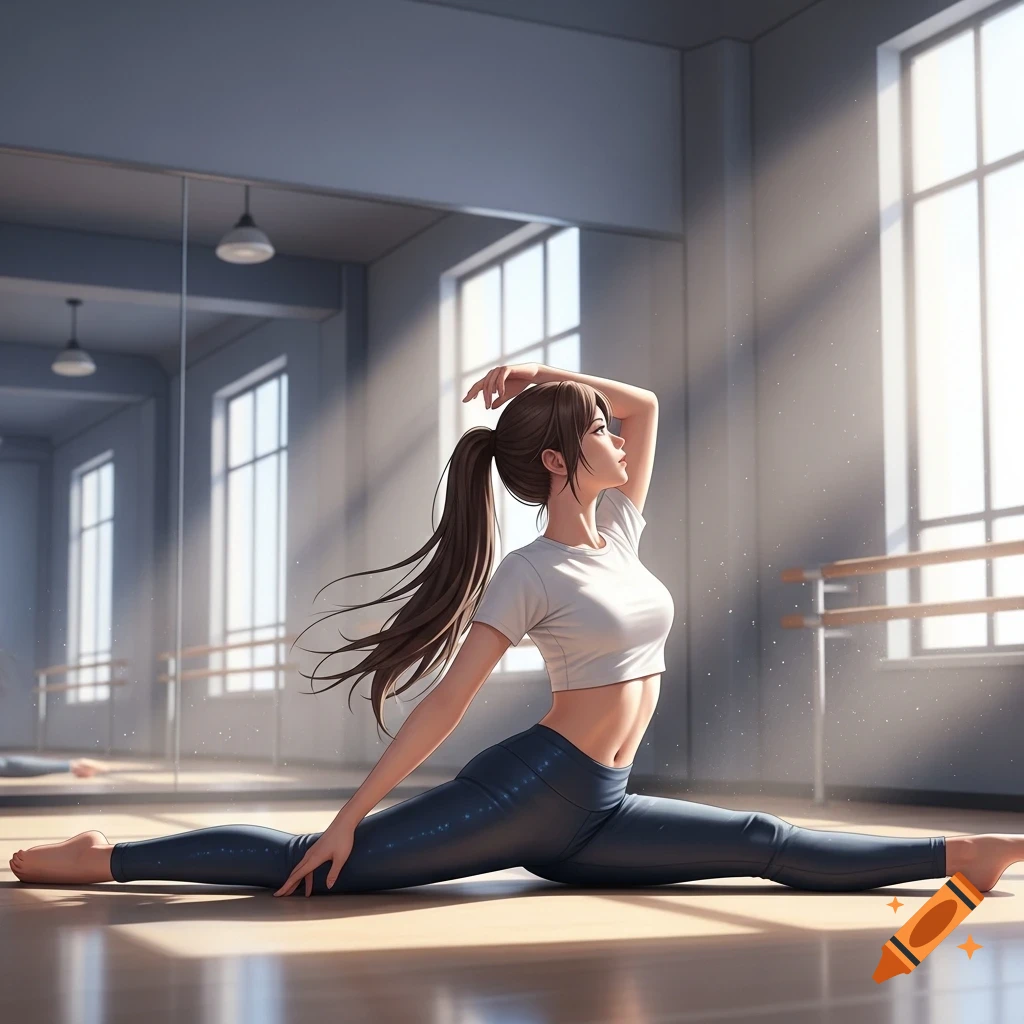 An anime woman with a brunette ponytail in a crop top and yoga pants does the splits in a bright dance studio.