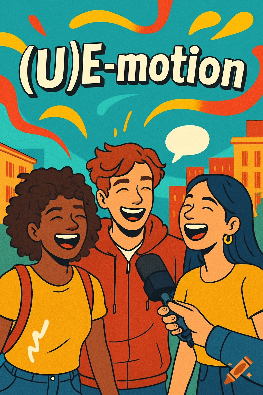 Three smiling young people, one holding a microphone, in a cartoon cityscape with '(U)E-motion' text.