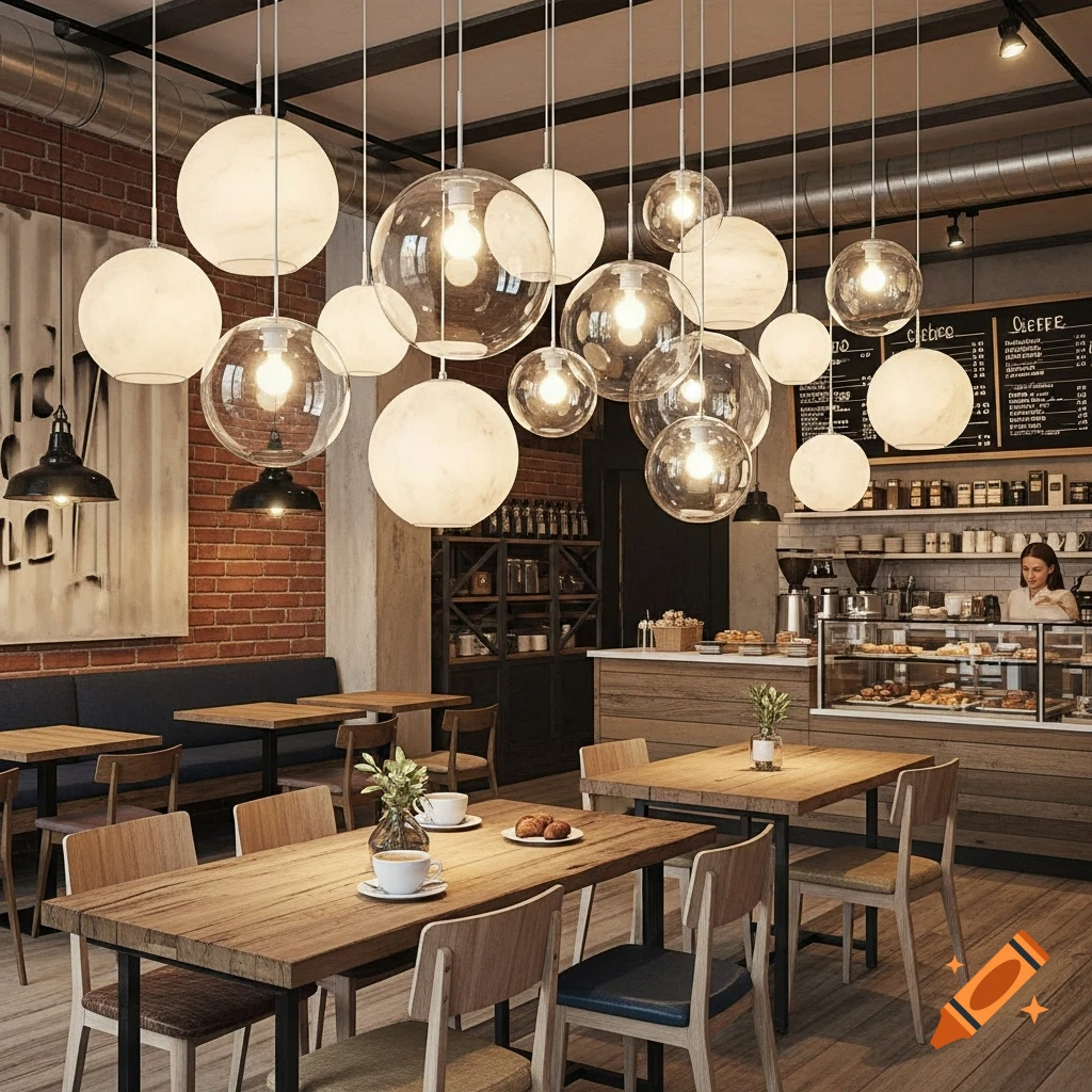 Modern coffee shop interior with many spherical pendant lights, wooden tables, and a barista behind the counter.
