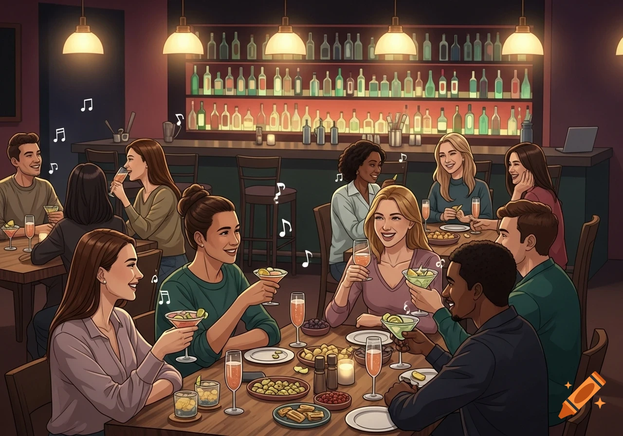 Diverse group of friends socializing and drinking cocktails at a lively bar, rendered in a colorful cartoon style.