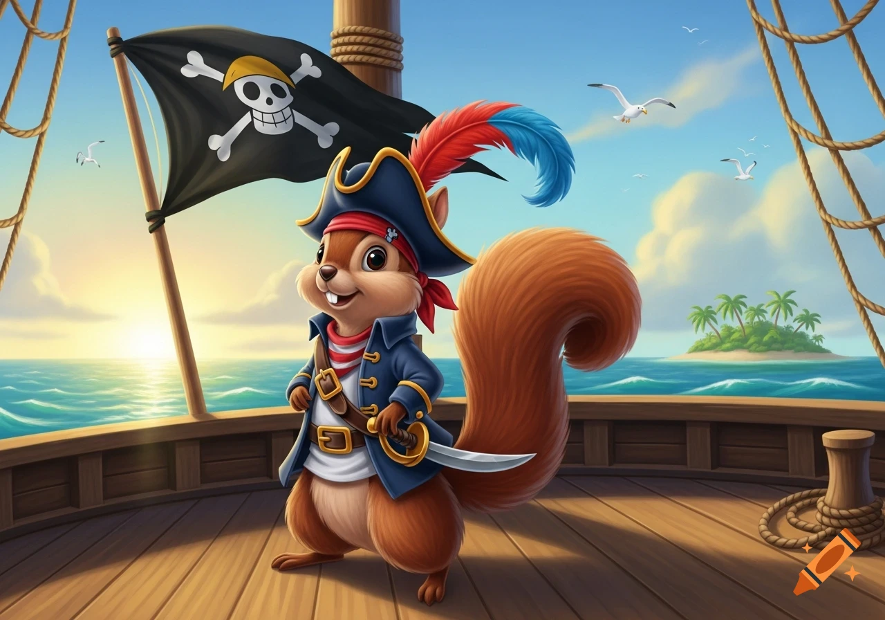 A cute, smiling Disney-style cartoon pirate squirrel with a sword stands on a ship deck with a flag, ocean, and island.
