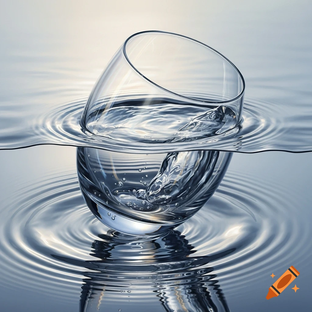 A clear glass half-submerged in calm water, creating intricate ripples and reflections under soft lighting.